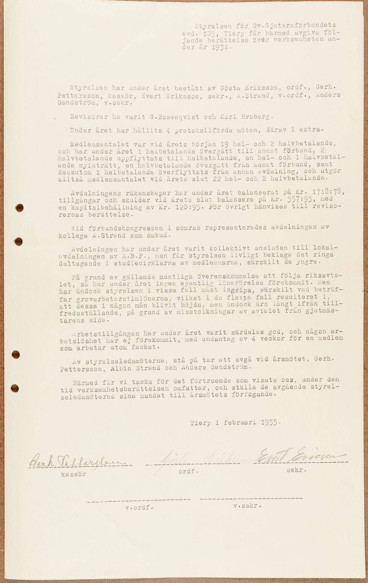 Gjutareförbundet avd 109 Tierp - annual report (1934)