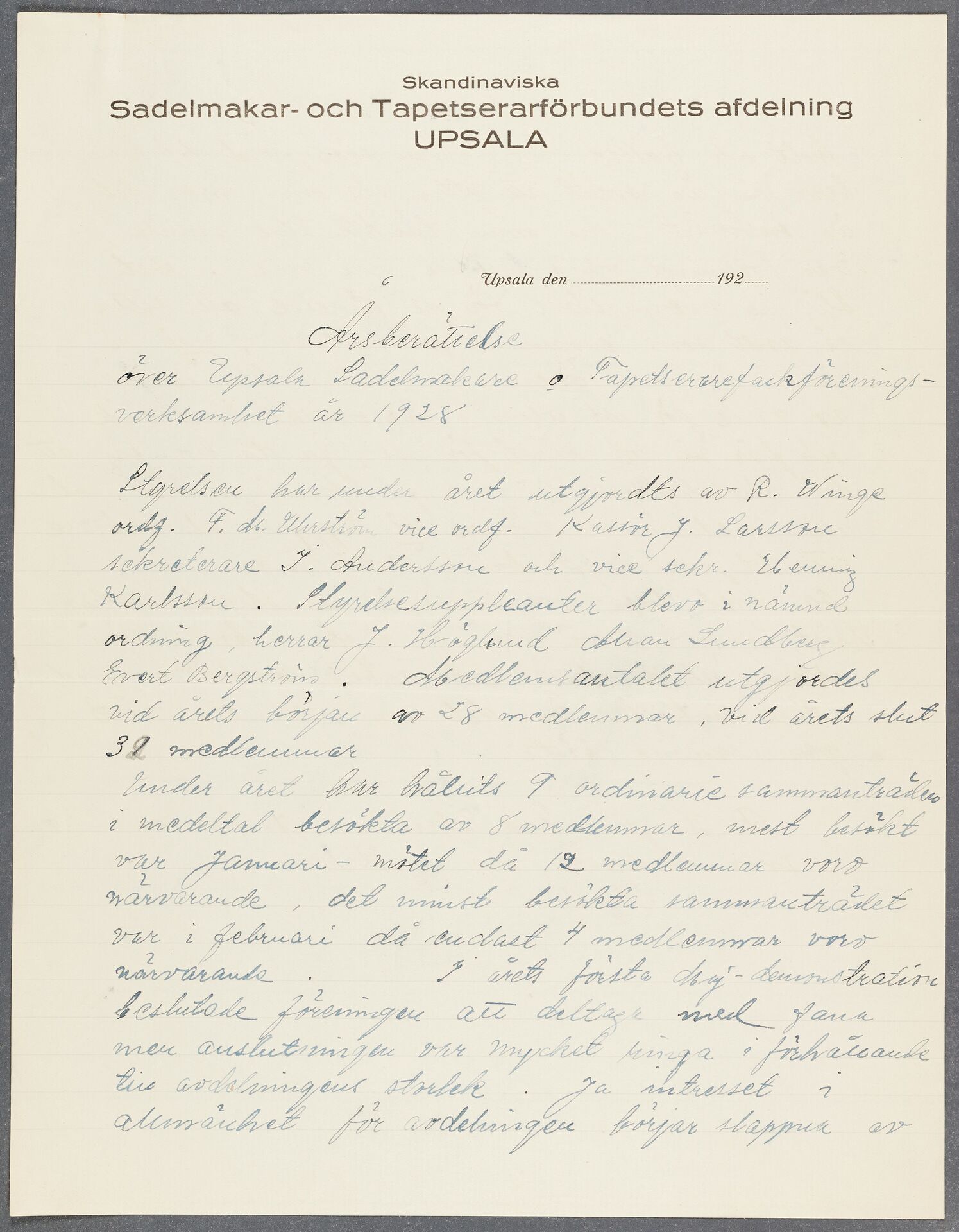 Sadelmakare- och Tapetserareförbundet avd 007 Uppsala - annual report (1928)