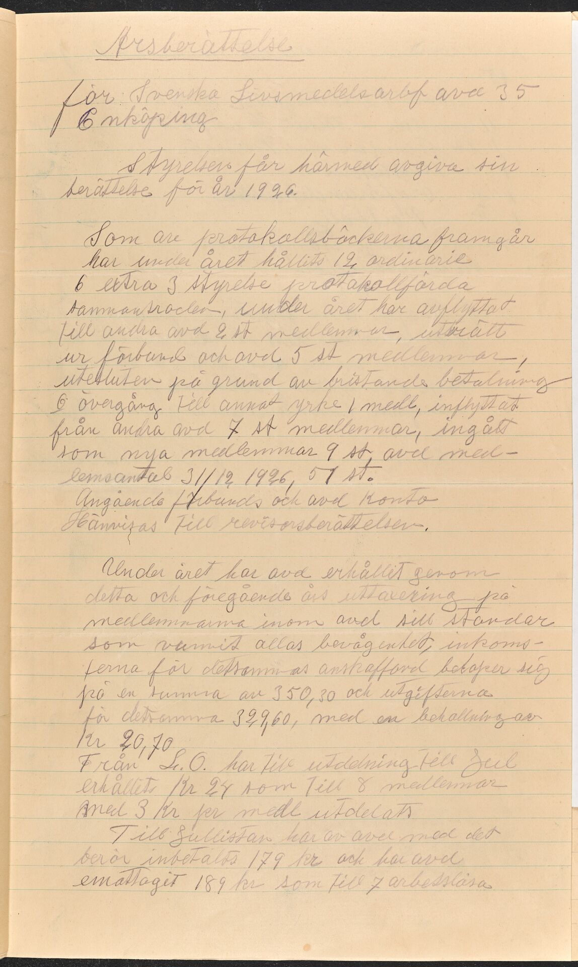 Livsmedelsarbetareförbundet avd 035 Enköping - annual report (1926)