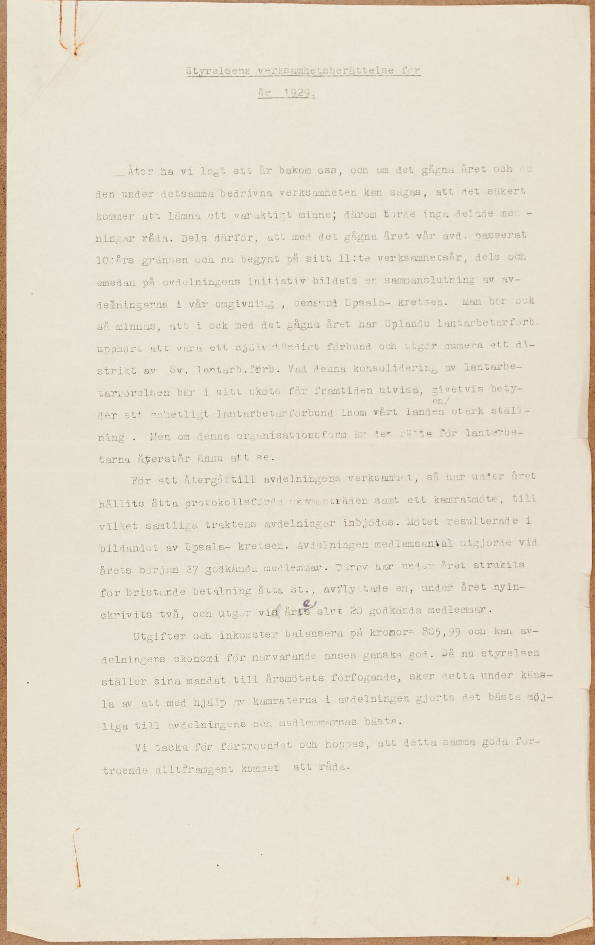 Lantarbetareförbundet avd 047 Uppsalatrakten - annual report (1929)