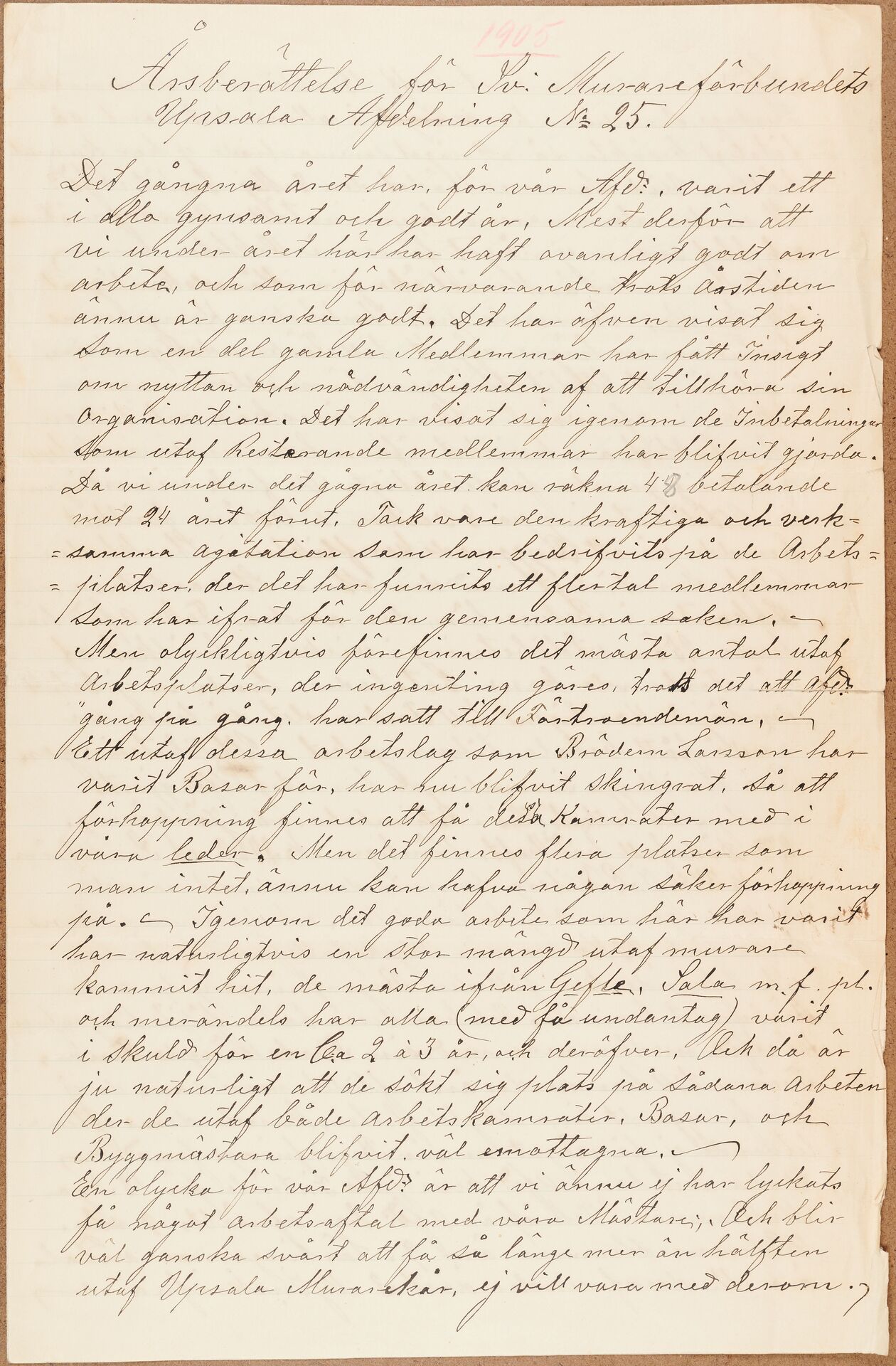 Byggnadsarbetareförbundet avd 025 (Murarna) Uppsala - annual report (1905)