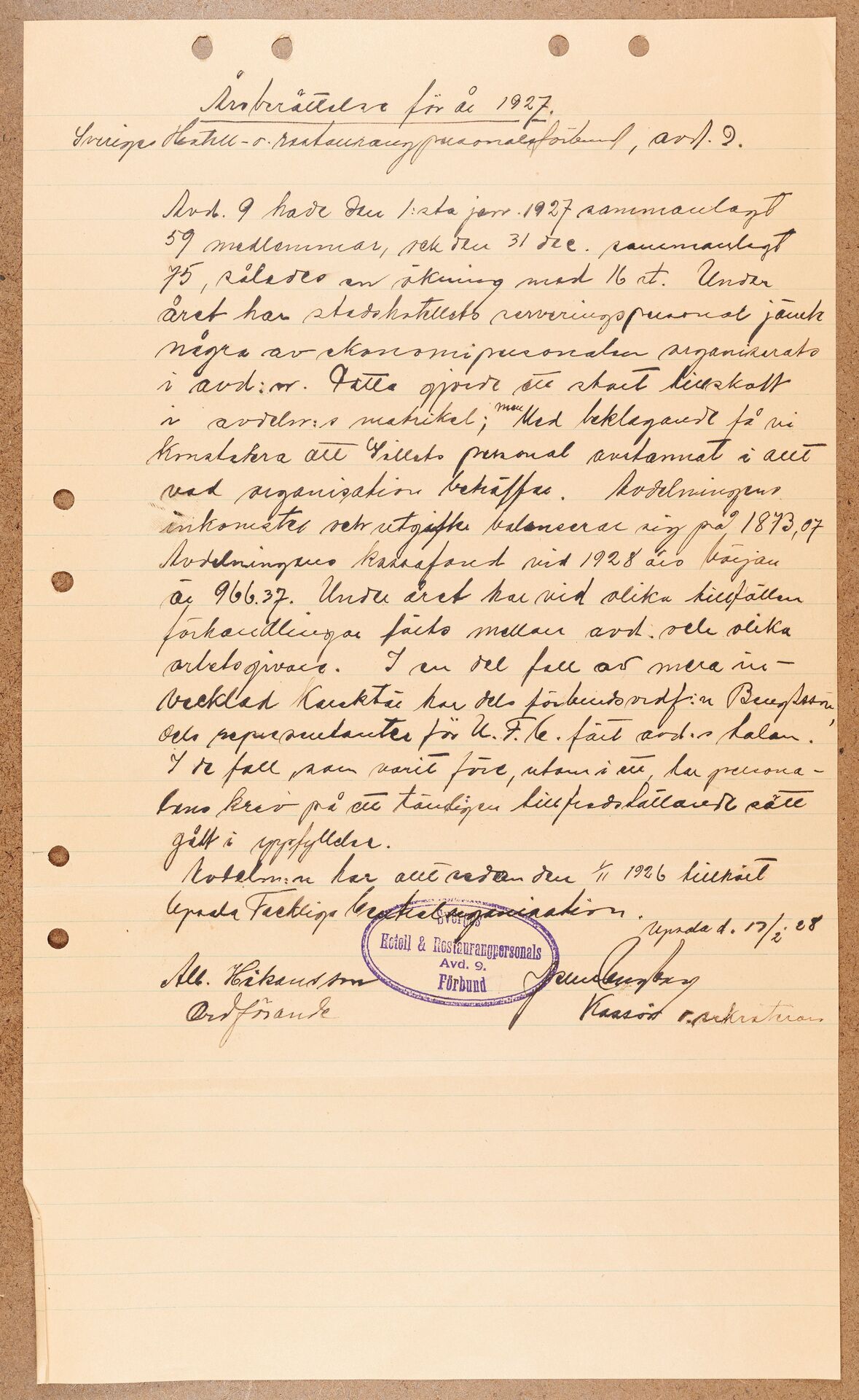 Hotell- och Restauranganställdas förbund avd 9 Uppsala sektion 9 Uppsala - annual report (1927)
