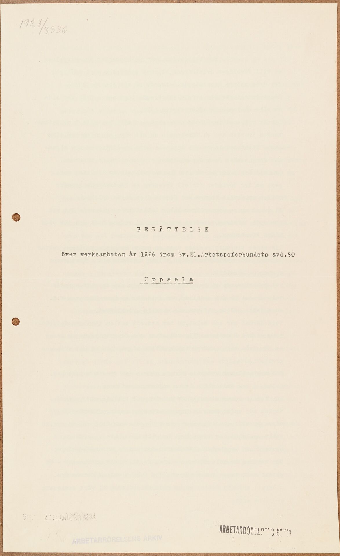Elektrikerförbundet avd 020 Uppsala - annual report (1926)