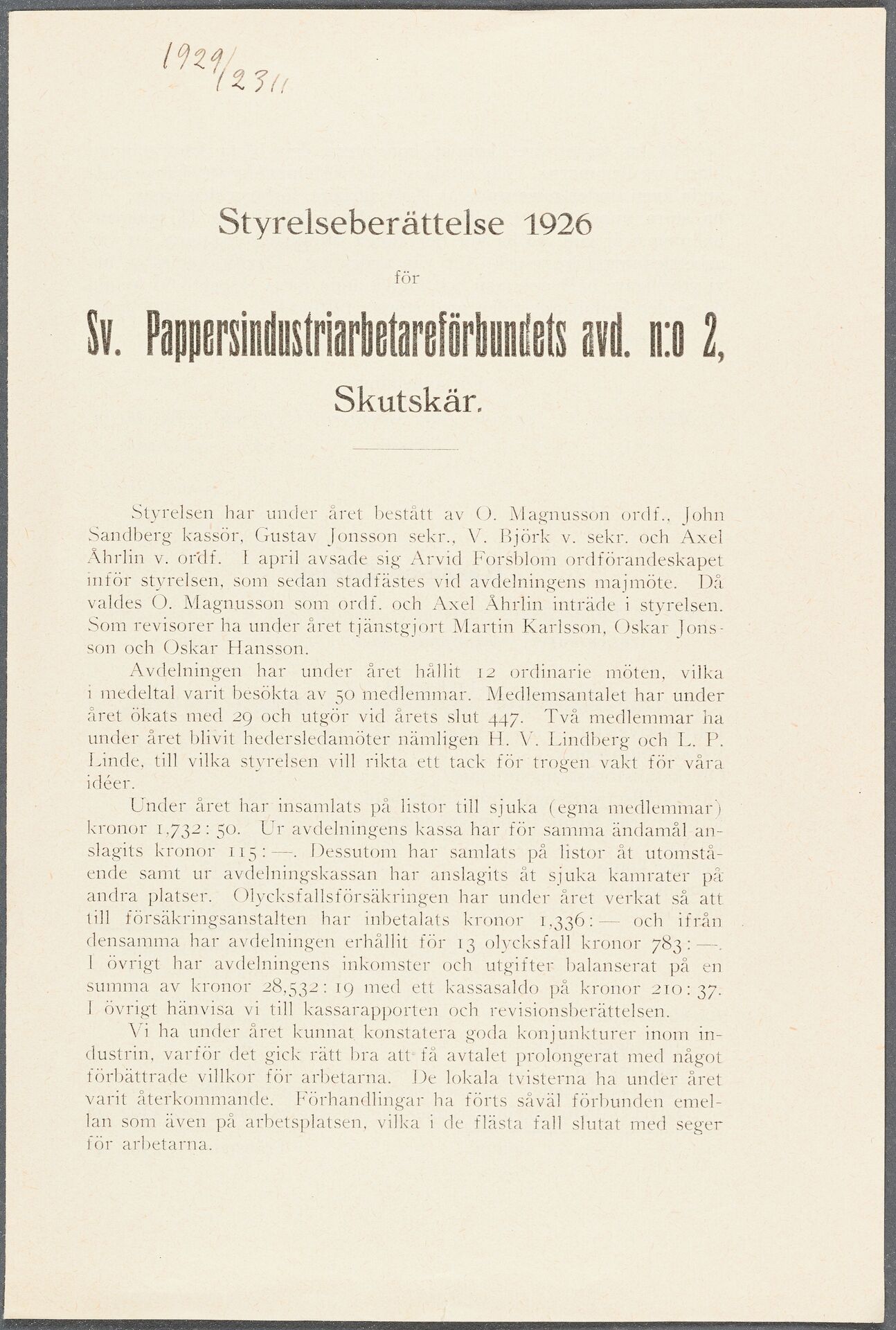 Pappersindustriarbetareförbundet avd 002 Skutskär - annual report (1926)