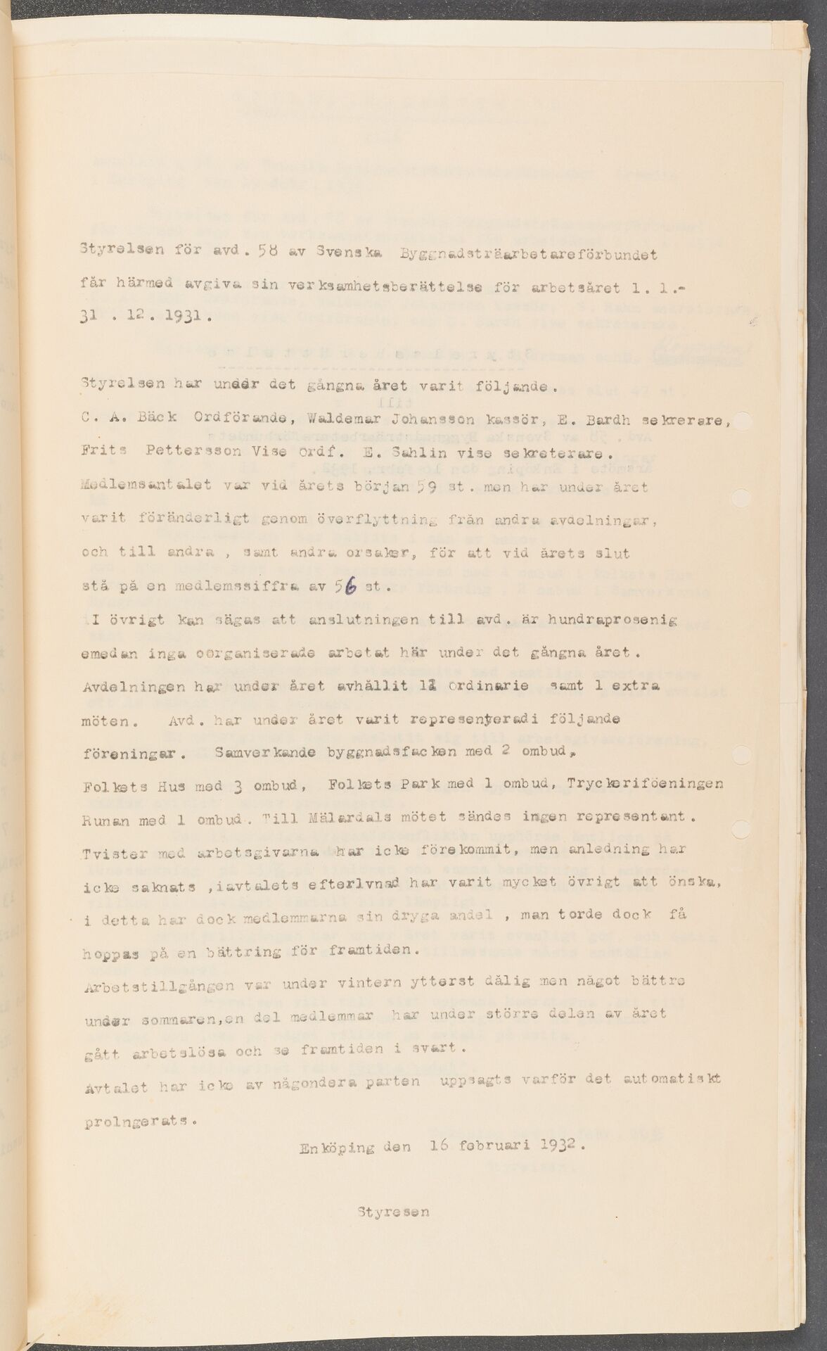 Byggnadsträarbetareförbundet avd 058 Enköping - annual report (1931)