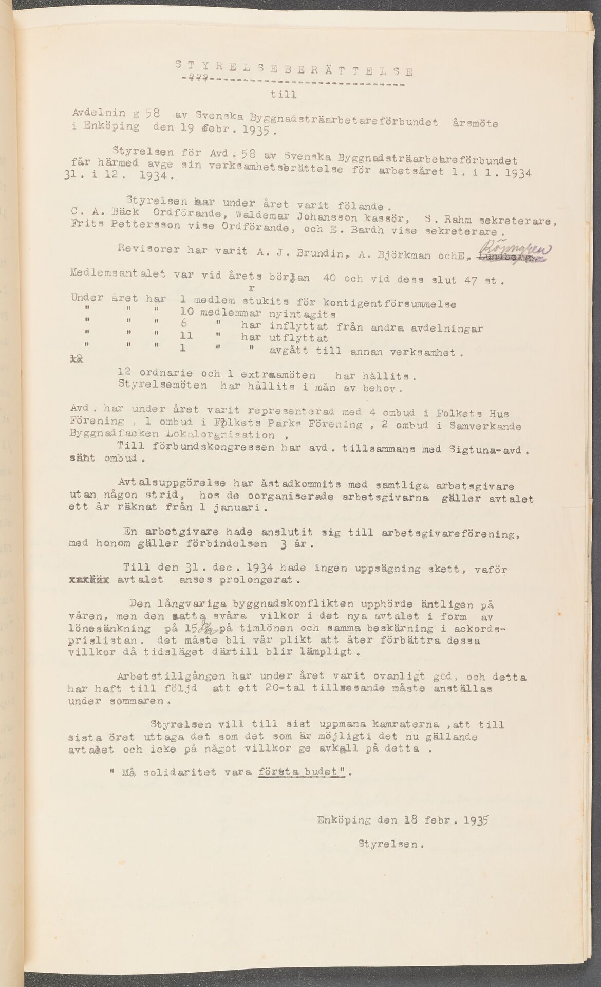 Byggnadsträarbetareförbundet avd 058 Enköping - annual report (1934)