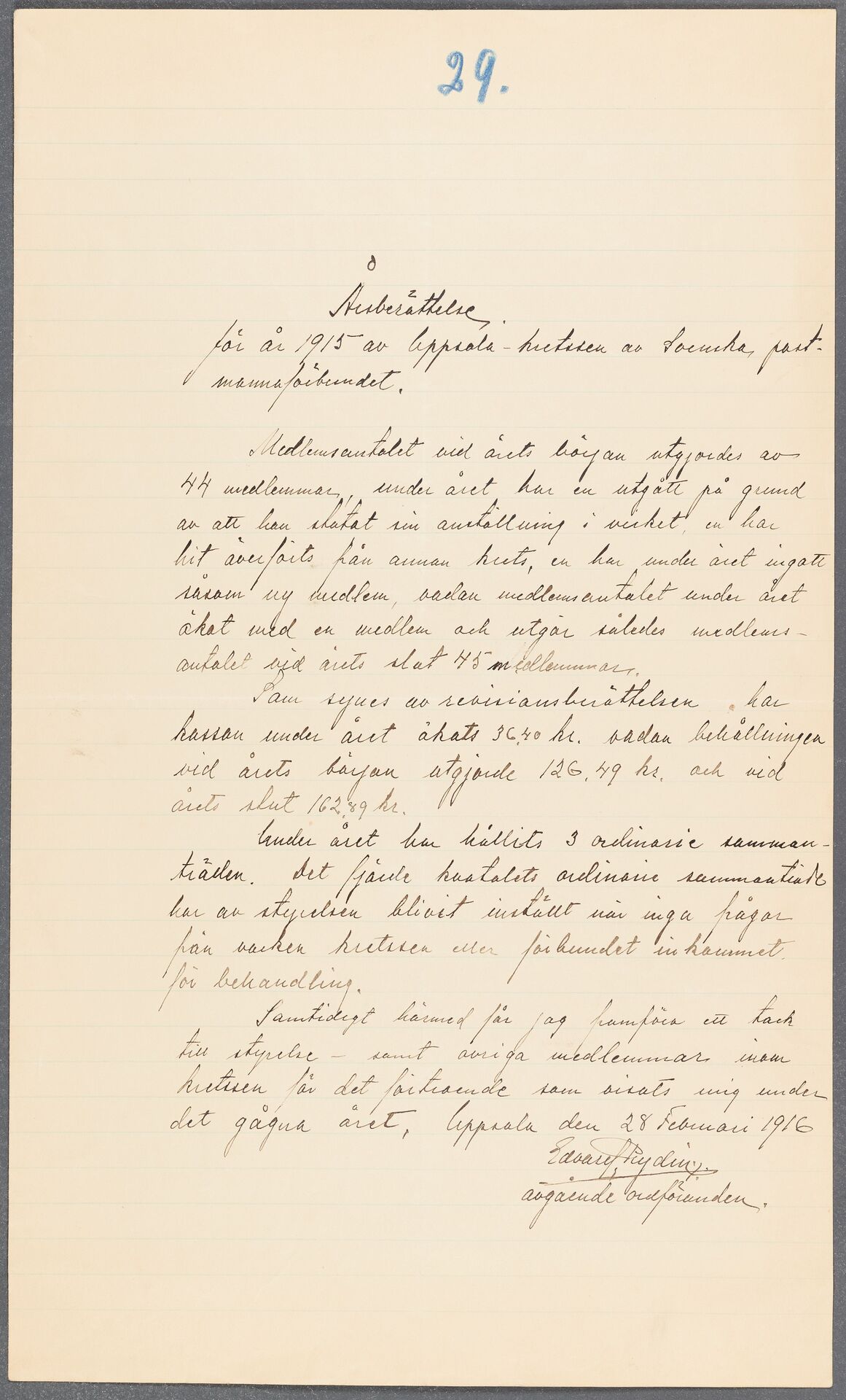 Postmannaförbundet avd 015 Uppsala - annual report (1915)