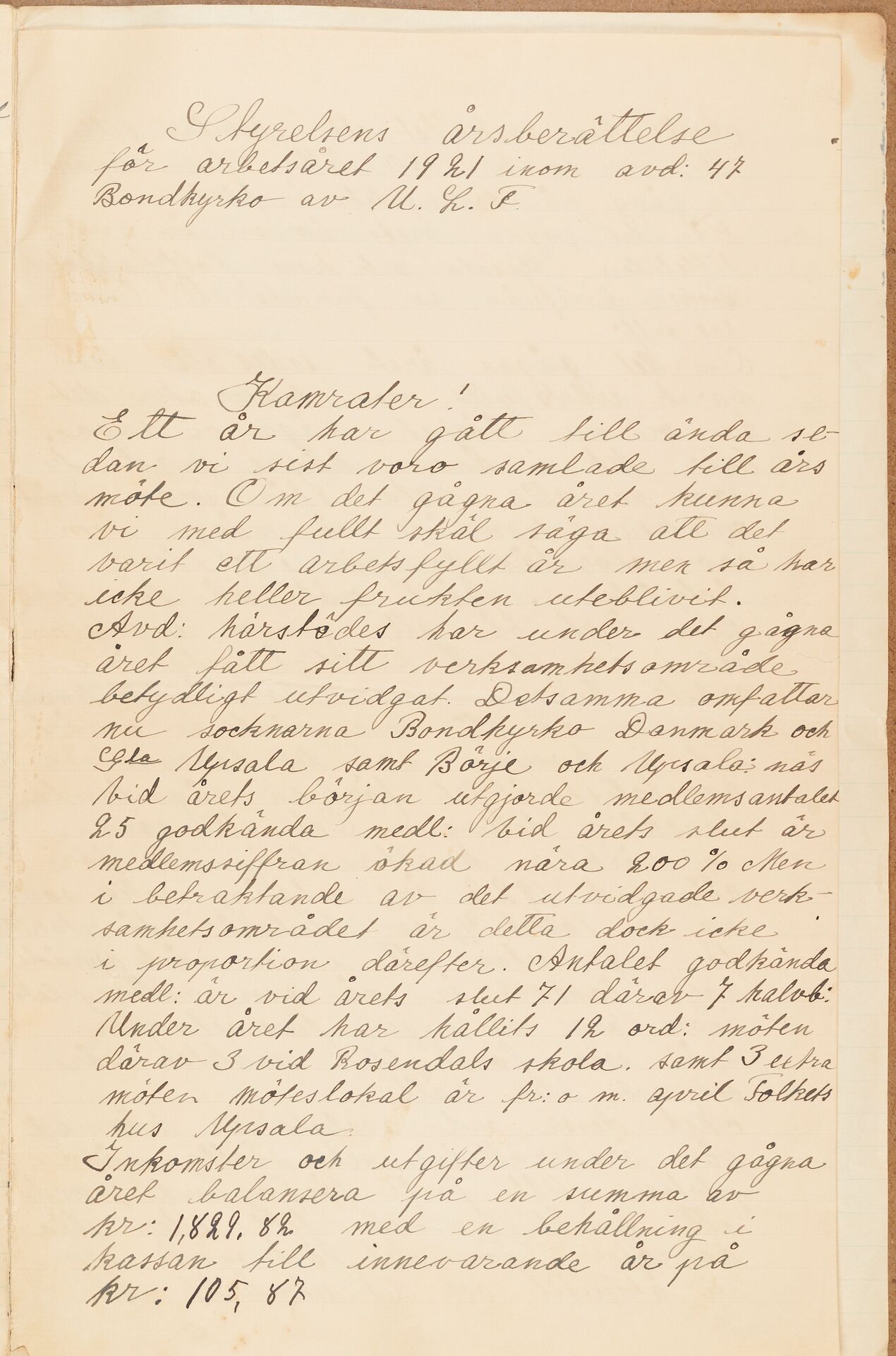 Lantarbetareförbundet avd 047 Uppsalatrakten - annual report (1921)