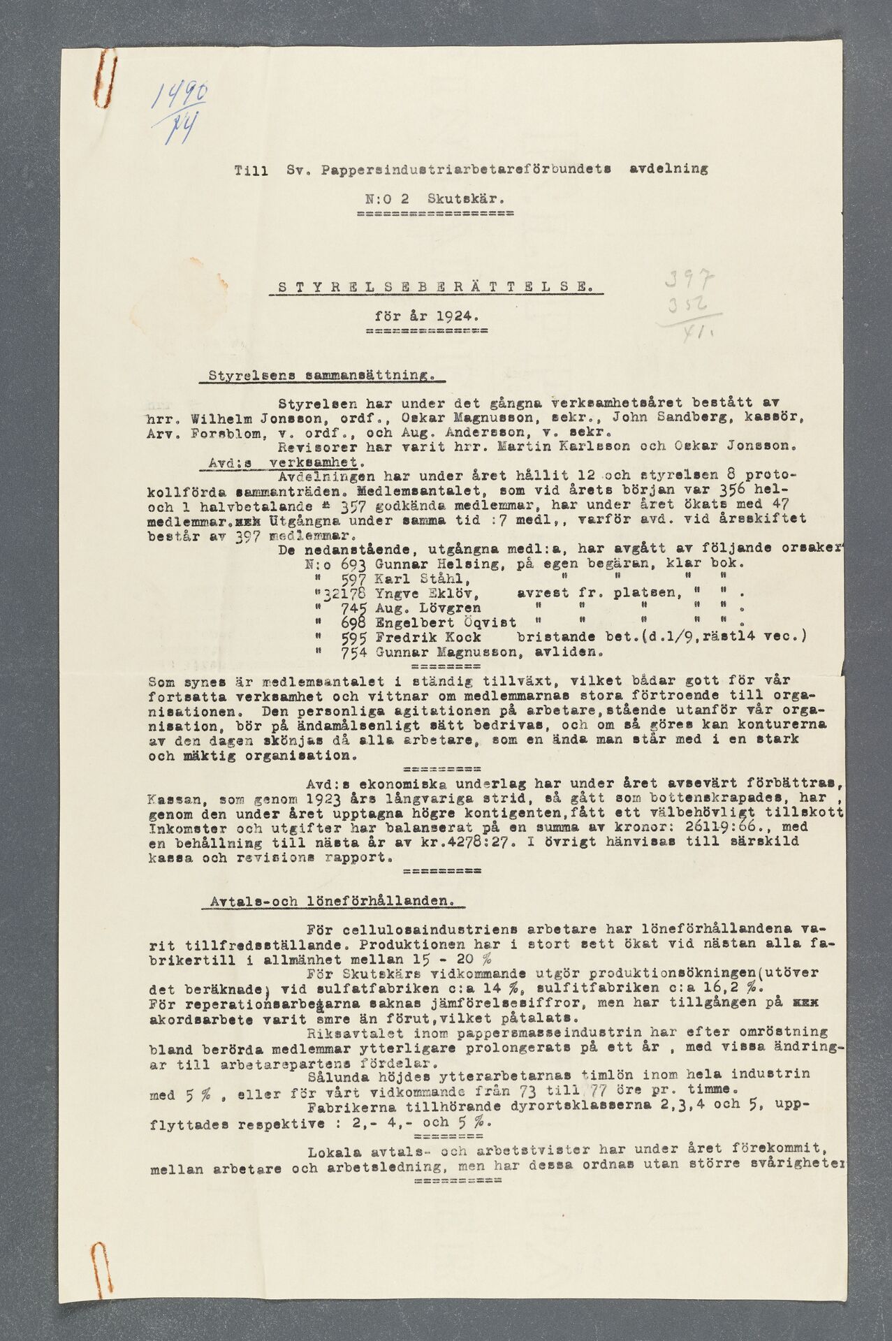 Pappersindustriarbetareförbundet avd 002 Skutskär - annual report (1924)