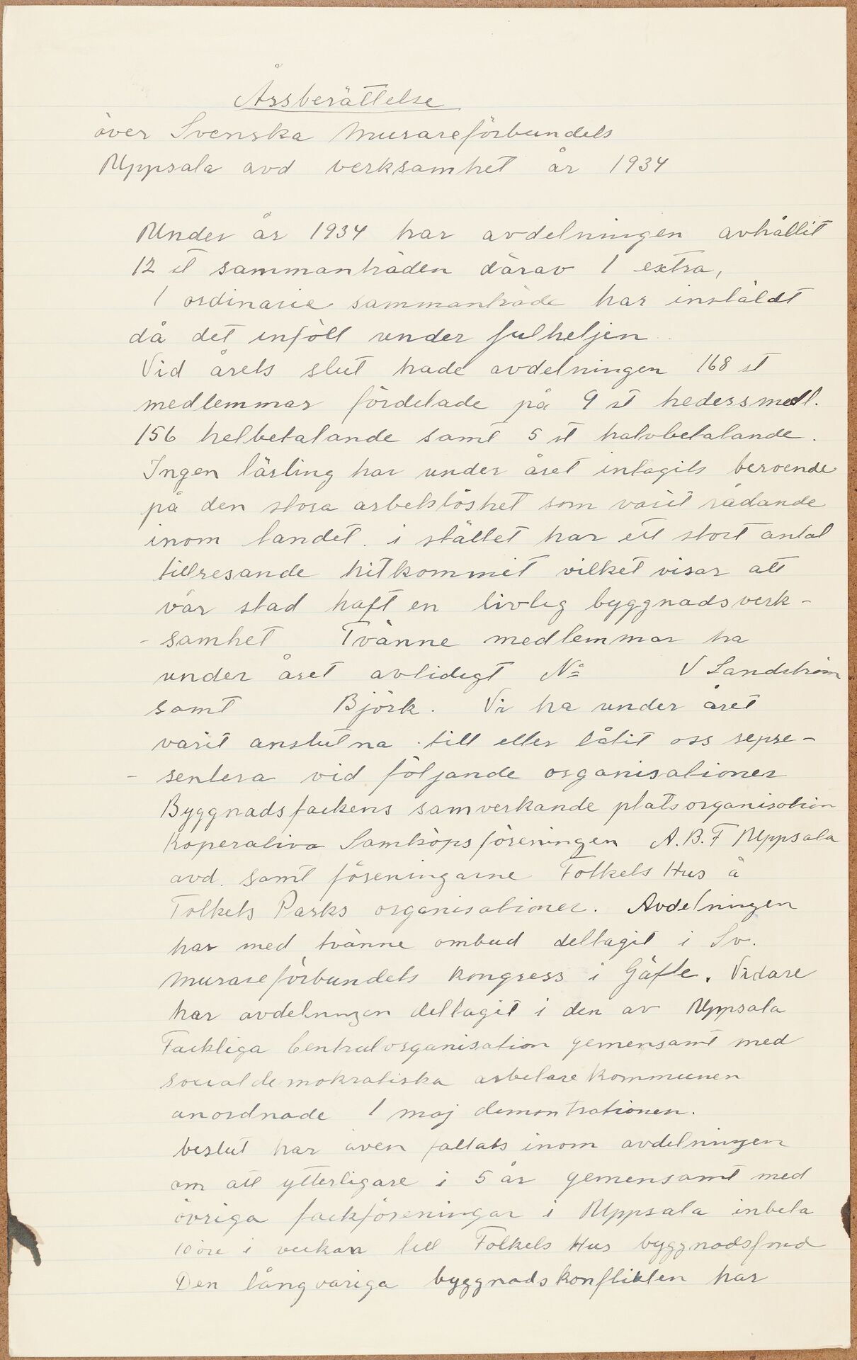 Byggnadsarbetareförbundet avd 025 (Murarna) Uppsala - annual report (1934)