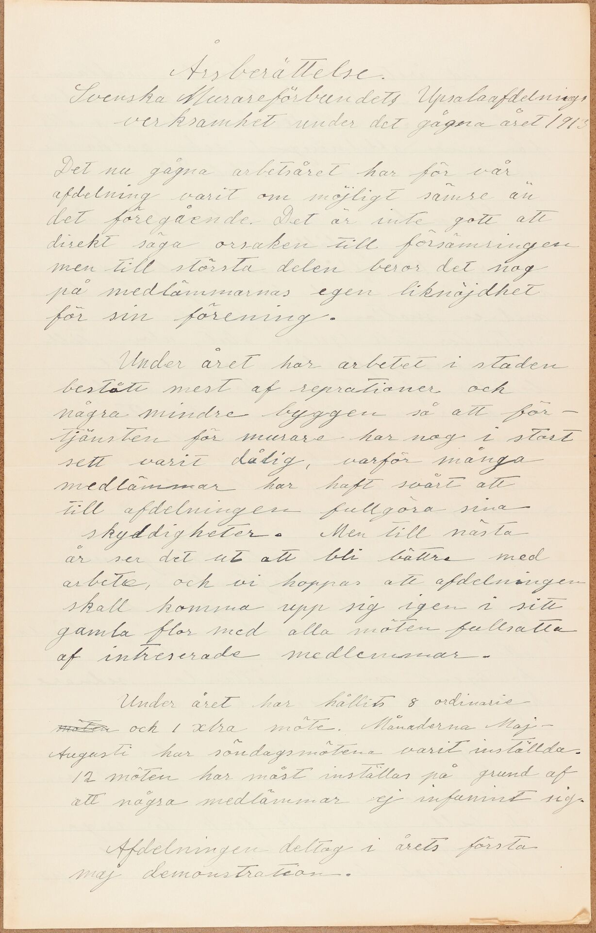 Byggnadsarbetareförbundet avd 025 (Murarna) Uppsala - annual report (1913)