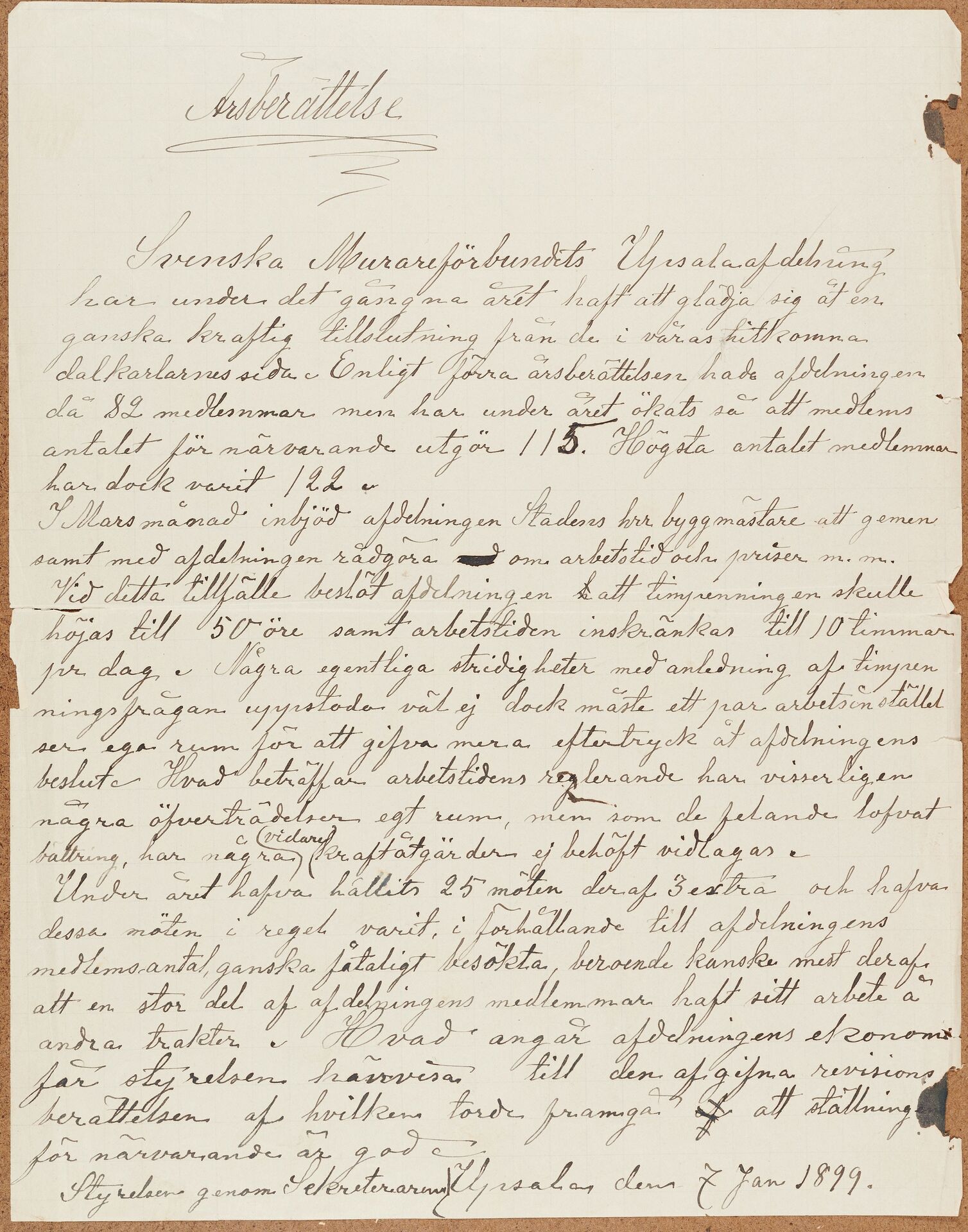 Byggnadsarbetareförbundet avd 025 (Murarna) Uppsala - annual report (1898)